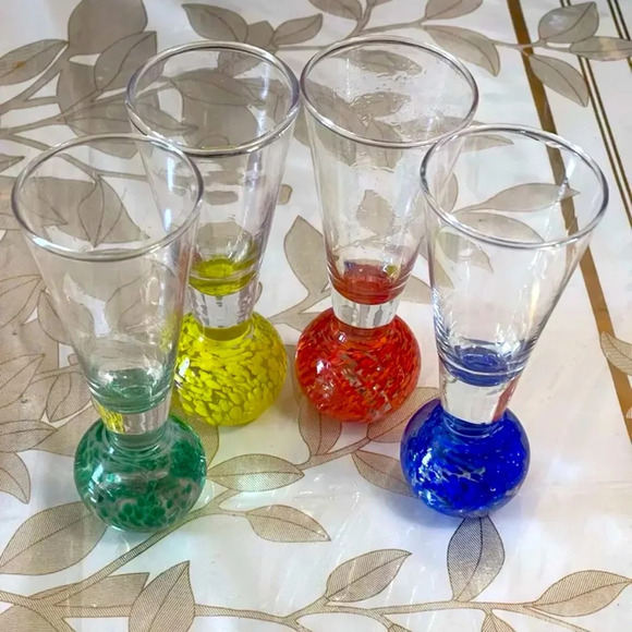 Vtg Set of 4 Cordial Shot Glass Bubble Ball Base Colored Glasses Barware 4.5" - Picture 1 of 5